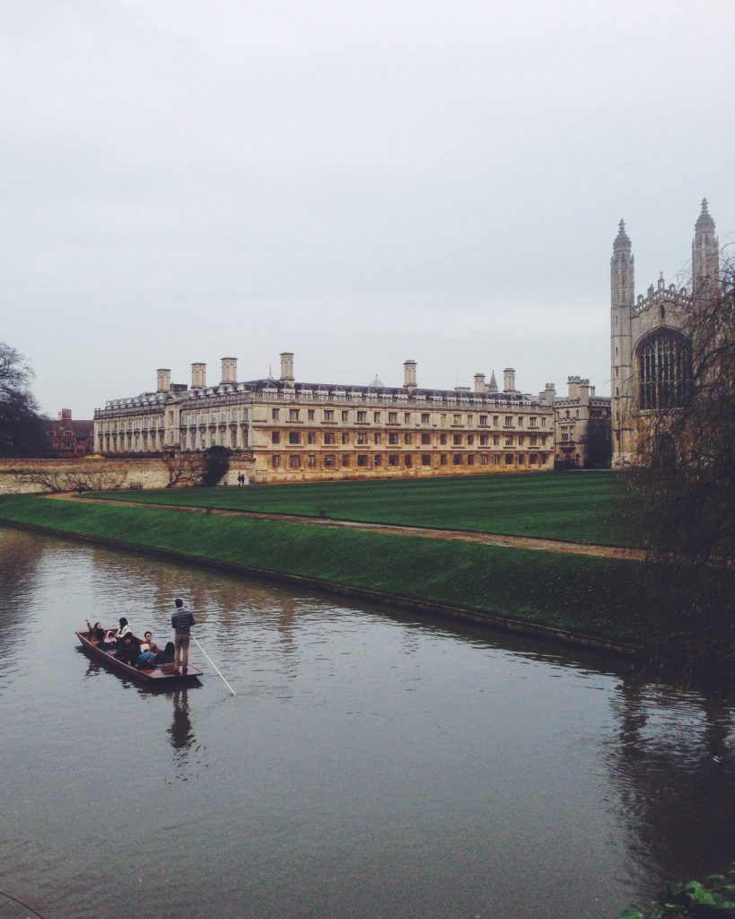King's College Chapel with punt overcast in winter