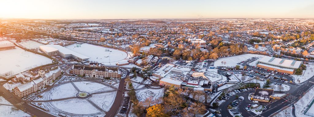 Aerial panorama of Loughborough University in snow