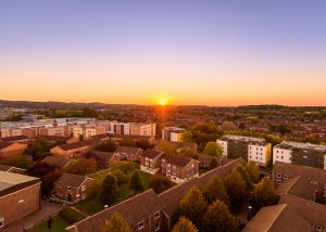 Loughborough University campus at sunset, taken from Whitworth tower